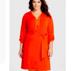 Michael Kors Dress Orange Red color 1X NWT gold chain lace up neckline. Tie belt